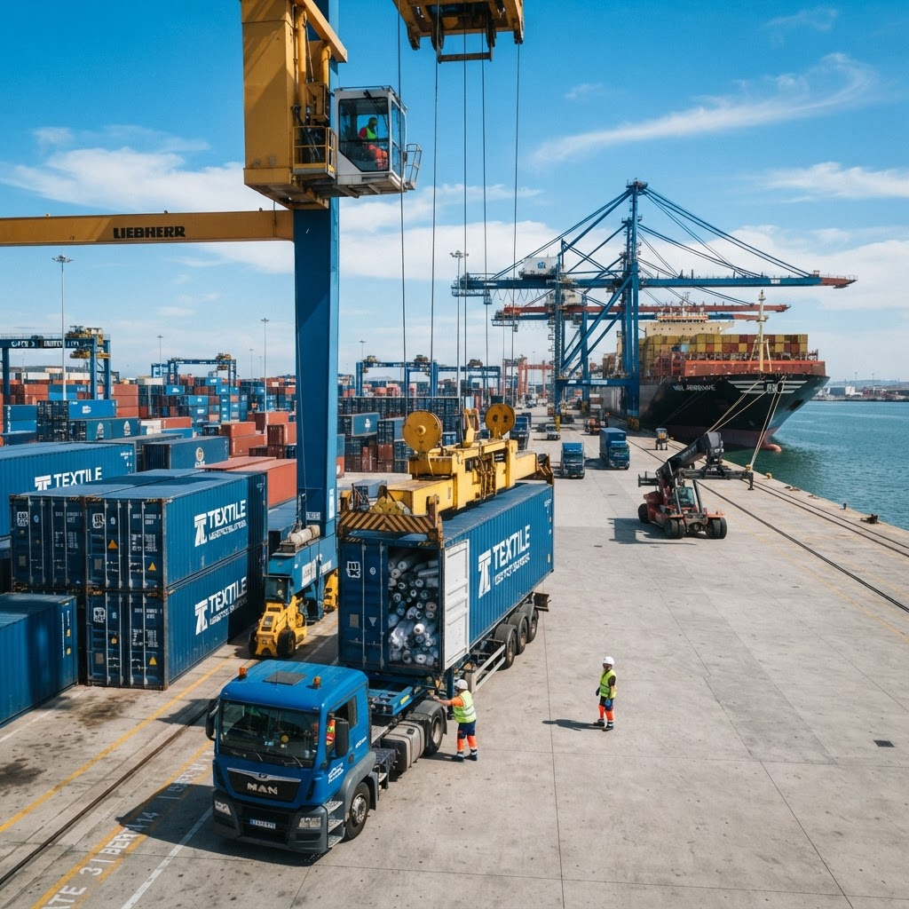 Export shipping containers being loaded
